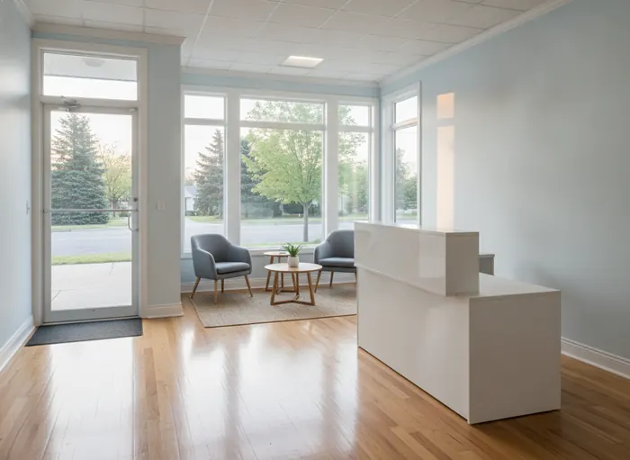 Bright street-level office reception with a white front desk, polished floor and large windows onto a quiet small-town street